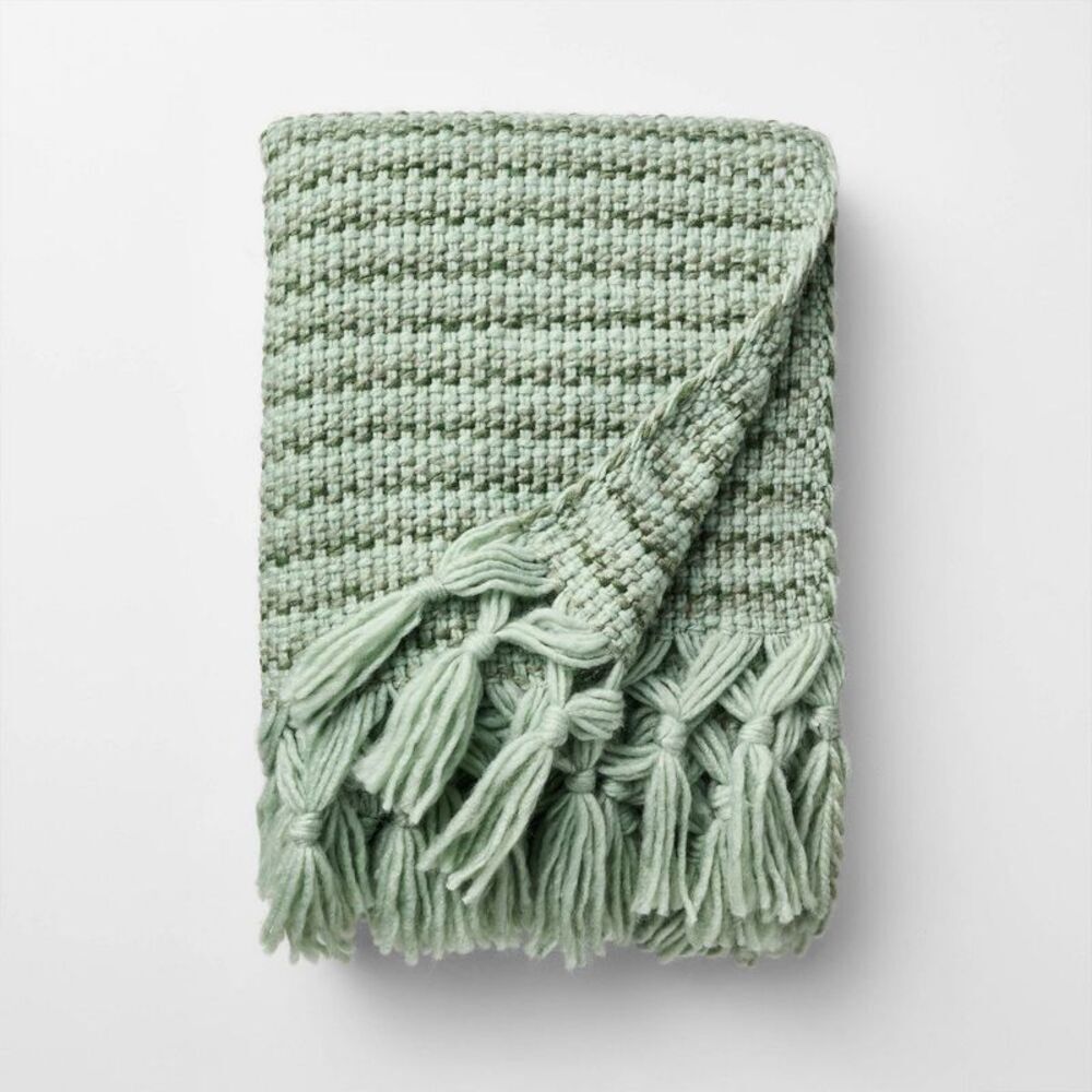 50 x 60 Throw Mixed Yarn Woven with Crossed Tassel Green